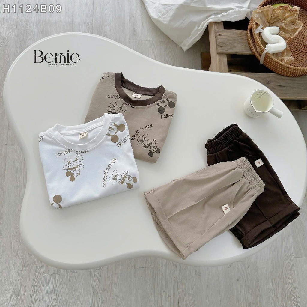 Bộ cotton in tràn micky, bộ thun cổ tròn cotton mềm mát cộc tay cho bé trai H1124B09