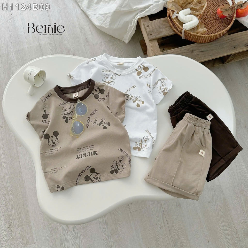 Bộ cotton in tràn micky, bộ thun cổ tròn cotton mềm mát cộc tay cho bé trai H1124B09