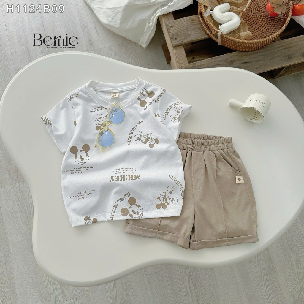 Bộ cotton in tràn micky, bộ thun cổ tròn cotton mềm mát cộc tay cho bé trai H1124B09