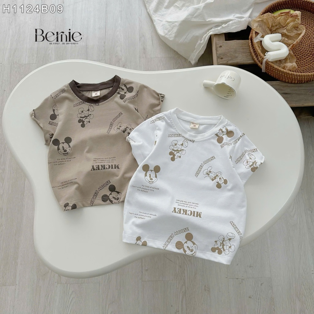 Bộ cotton in tràn micky, bộ thun cổ tròn cotton mềm mát cộc tay cho bé trai H1124B09