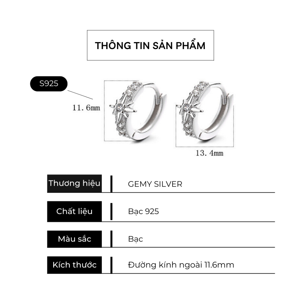 Khuyên tai nam thanh thẳng bạc S925 kế ngôi sao đính đá cực chất Starlight 2 KN150 (1 chiếc) | GEMY SILVER