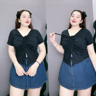 Áo thun nữ bigsize tà nhọn cổ rút dây ở giữa tôn vòng một áo tay ngắn chất liệu gân tăm cao cấp mặc thoáng mát G42