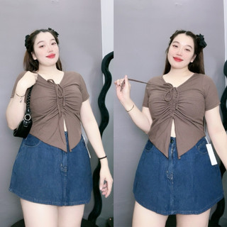 Áo thun nữ bigsize tà nhọn cổ rút dây ở giữa tôn vòng một áo tay ngắn chất liệu gân tăm cao cấp mặc thoáng mát G42