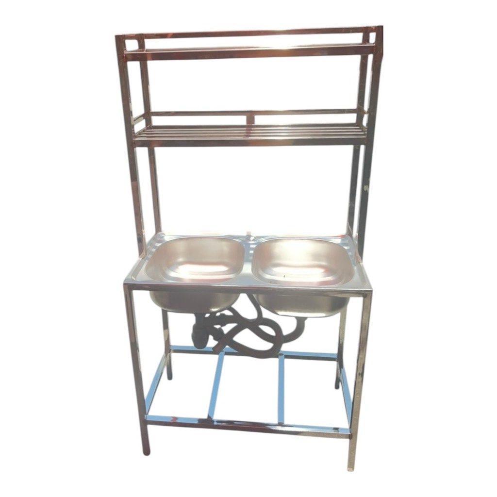 CHẬU RỬA INOX HAI NGĂN KÈM KỆ CHÉN