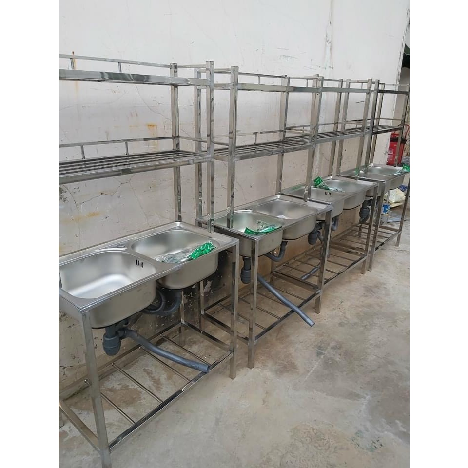 CHẬU RỬA INOX HAI NGĂN KÈM KỆ CHÉN