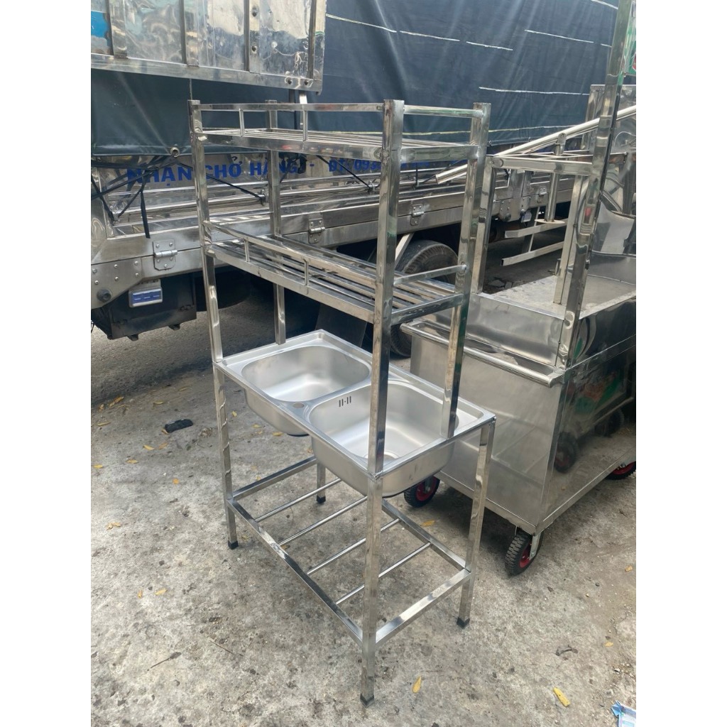 CHẬU RỬA INOX HAI NGĂN KÈM KỆ CHÉN