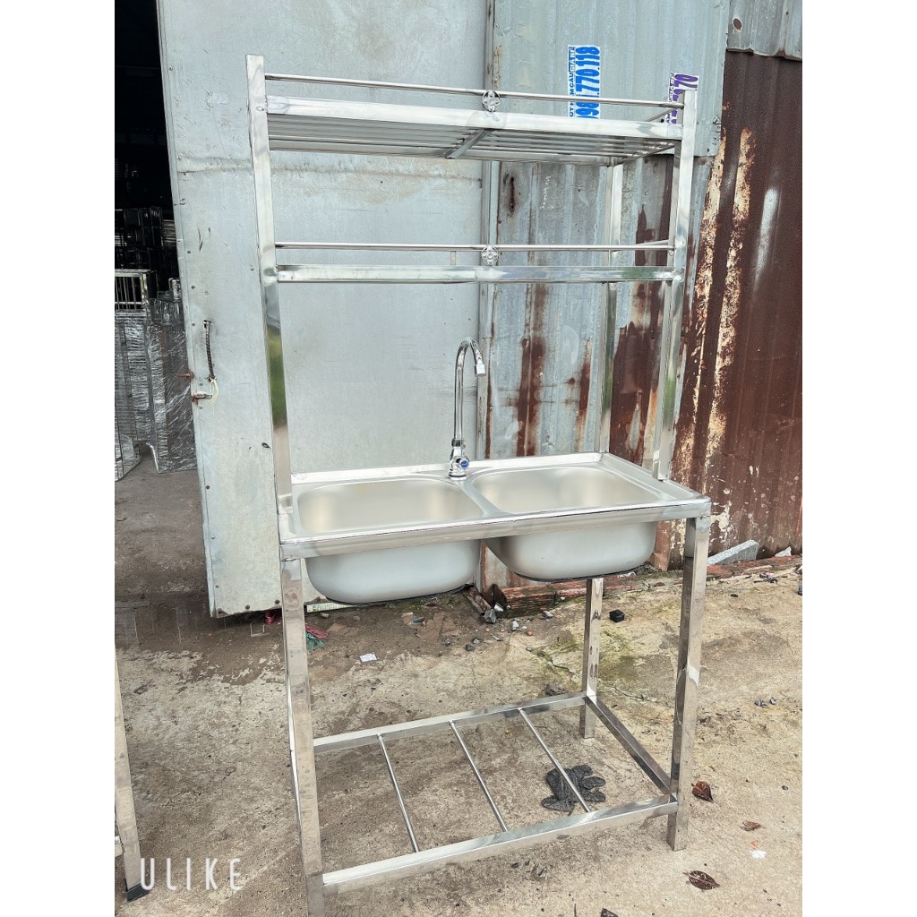 CHẬU RỬA INOX HAI NGĂN KÈM KỆ CHÉN