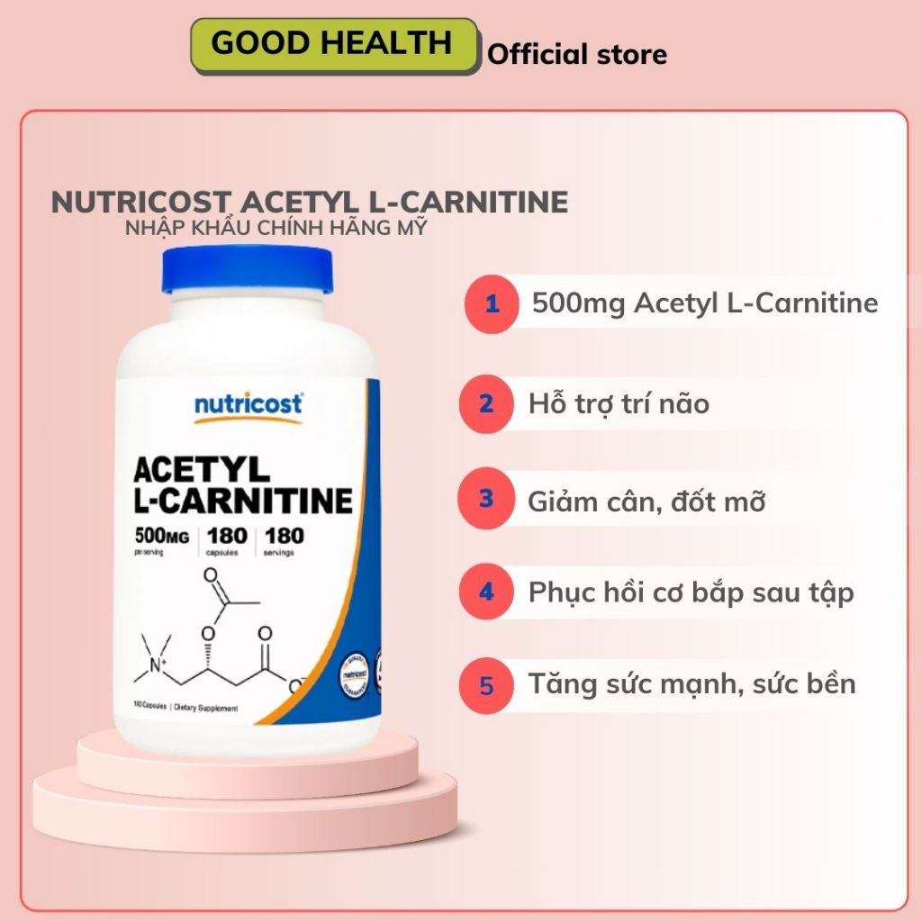 nutricost acetyl l carnitine 500mg L-Carnitine - Viên uống hỗ trợ giảm cân, đốt mỡ, tăng phục hồi cơ bắp sau tập Nutricost Acetyl L-Carnitine - 500mg
