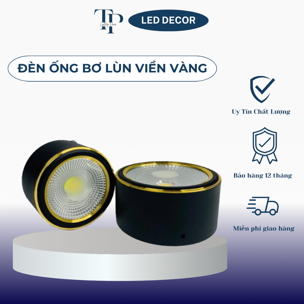 Đèn LED Ống Bơ Ốp Trần Nổi 7W/12W Viền Vàng, 3 Chế Độ Ánh Sáng, Chiếu Rọi Trang Trí Nội Thất TPLED