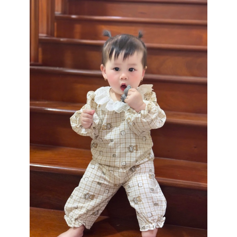 Bộ Dài Tay Thu Đông Cổ Tròn Phối Ren Điệu Đà Cho Bé Gái