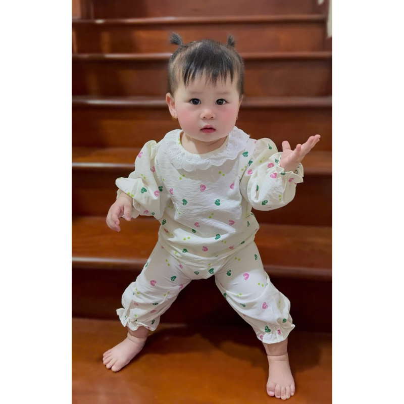 Bộ Dài Tay Thu Đông Cổ Tròn Phối Ren Điệu Đà Cho Bé Gái