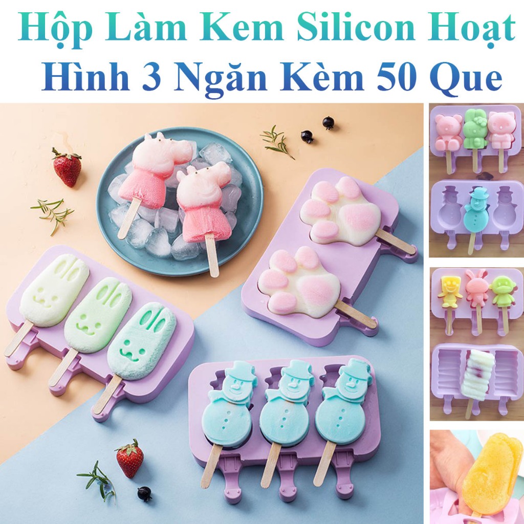 Hộp Làm Kem Hoạt Hình Nhiều Màu 3 Ngăn Bằng Silicon Kèm 50 Que Gỗ ...