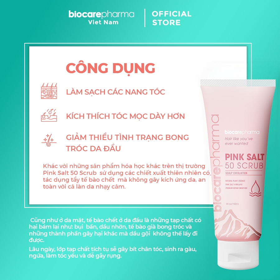Ảnh Tẩy tế bào chết da đầu muối hồng Himalaya - Biocare Pharma - Giảm gàu - giảm bết tóc - giúp phồng tóc - 50gr và 150gr. 3