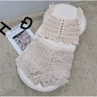 Áo ren cánh tiên cúc dừa chun lưng free size mix quần short ren đi biển 935
