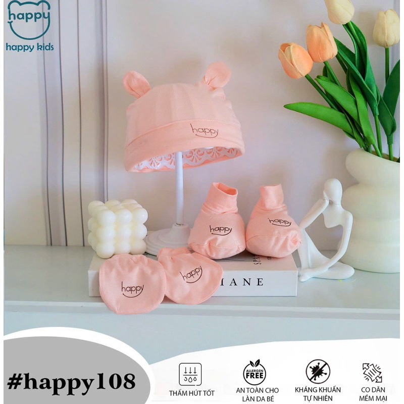 Set Mũ Kèm Bao Tay Bao Chân Happy Kids Vải Thun Lạnh Mềm Mại, An Toàn Cho Bé Từ 0-3 Tháng