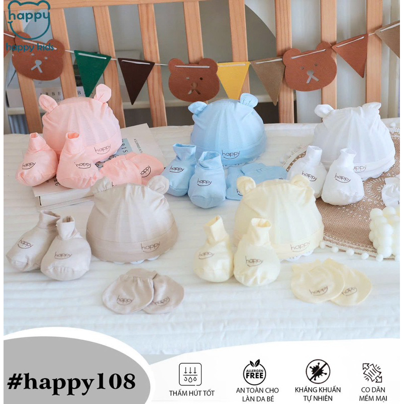 Set Mũ Kèm Bao Tay Bao Chân Happy Kids Vải Thun Lạnh Mềm Mại, An Toàn Cho Bé Từ 0-3 Tháng
