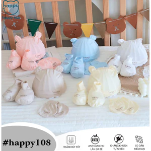 Set Mũ Kèm Bao Tay Bao Chân Happy Kids Vải Thun Lạnh Mềm Mại, An Toàn Cho Bé Từ 0-3 Tháng