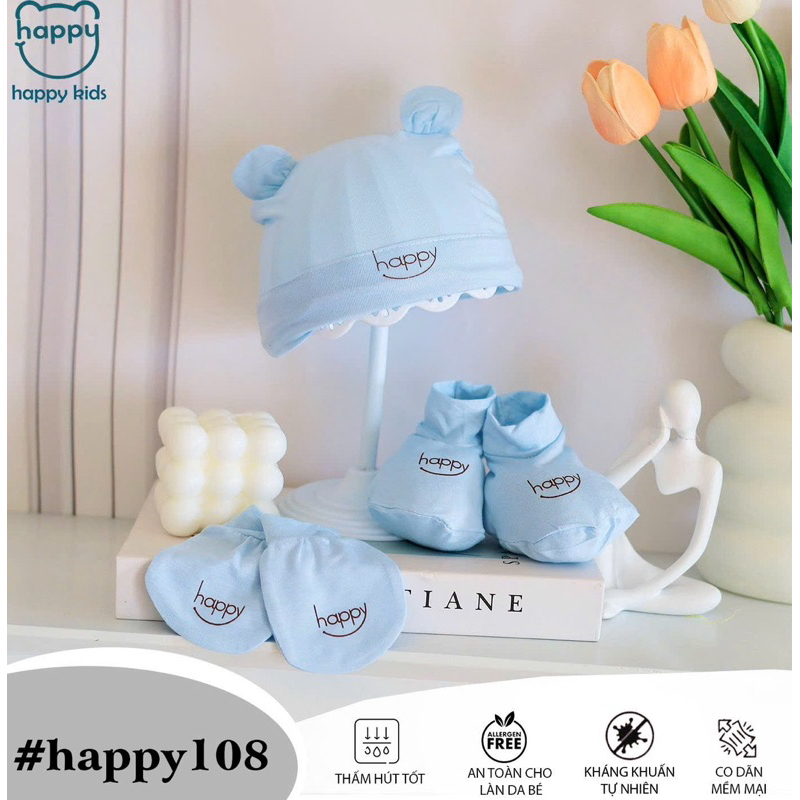 Set Mũ Kèm Bao Tay Bao Chân Happy Kids Vải Thun Lạnh Mềm Mại, An Toàn Cho Bé Từ 0-3 Tháng