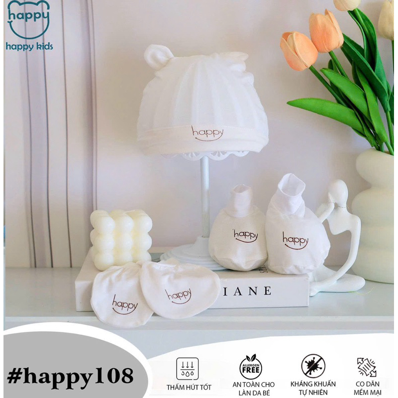 Set Mũ Kèm Bao Tay Bao Chân Happy Kids Vải Thun Lạnh Mềm Mại, An Toàn Cho Bé Từ 0-3 Tháng