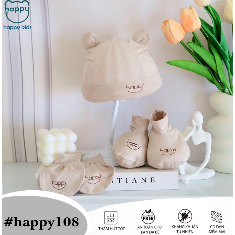 Set Mũ Kèm Bao Tay Bao Chân Happy Kids Vải Thun Lạnh Mềm Mại, An Toàn Cho Bé Từ 0-3 Tháng