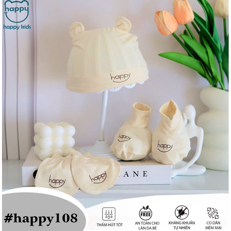 Set Mũ Kèm Bao Tay Bao Chân Happy Kids Vải Thun Lạnh Mềm Mại, An Toàn Cho Bé Từ 0-3 Tháng