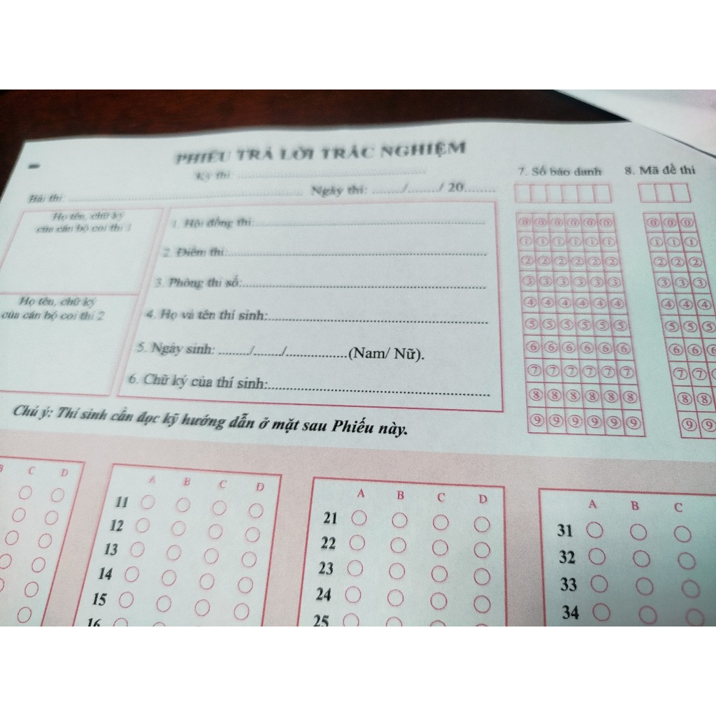 100 tờ Phiếu thi trắc nghiệm THPT  A4- Mẫu Bộ GD ( 6 ô số báo danh, 3 ô mã đề)