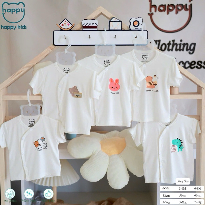(HK 021) Combo 3-5 áo cộc trắng Happy Kids thun lạnh mềm, mát cho bé 3-9kg