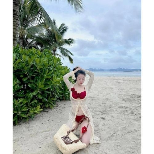 [BKN 060] Bikini đồ bơi đi biển set  BÔNG ĐỎ + CHOÀNG có mút phối khoác ren bèo sang chảnh HAN.T SHOP