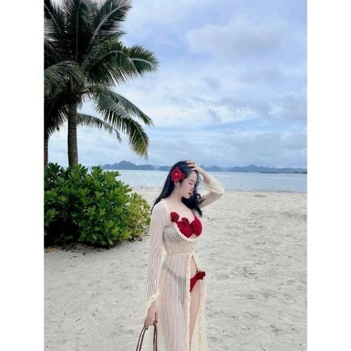 [BKN 060] Bikini đồ bơi đi biển set  BÔNG ĐỎ + CHOÀNG có mút phối khoác ren bèo sang chảnh HAN.T SHOP