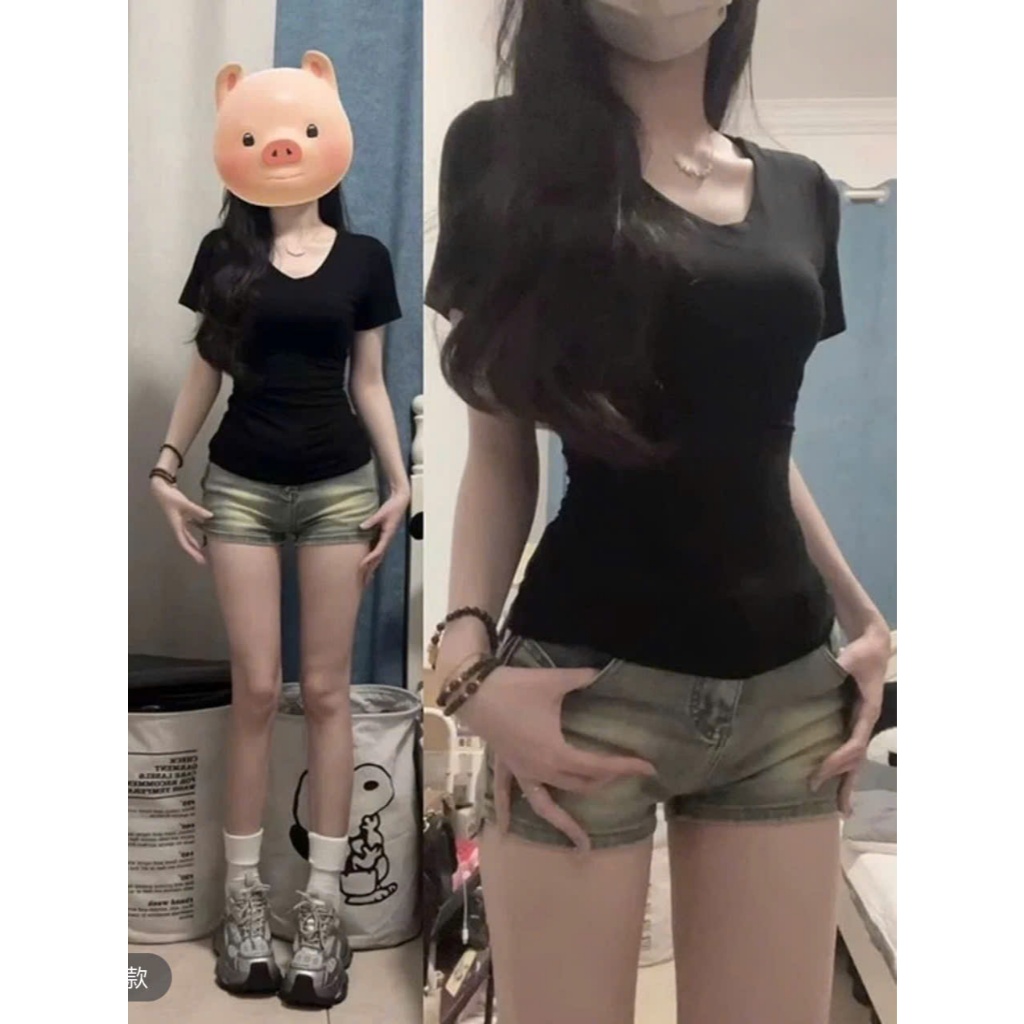 Ao thun cổ V cộc tay. Chất tun co dãn cao cấp. dáng ôm. cám kết chất đẹp (AN2) Nữ Top Áo Women