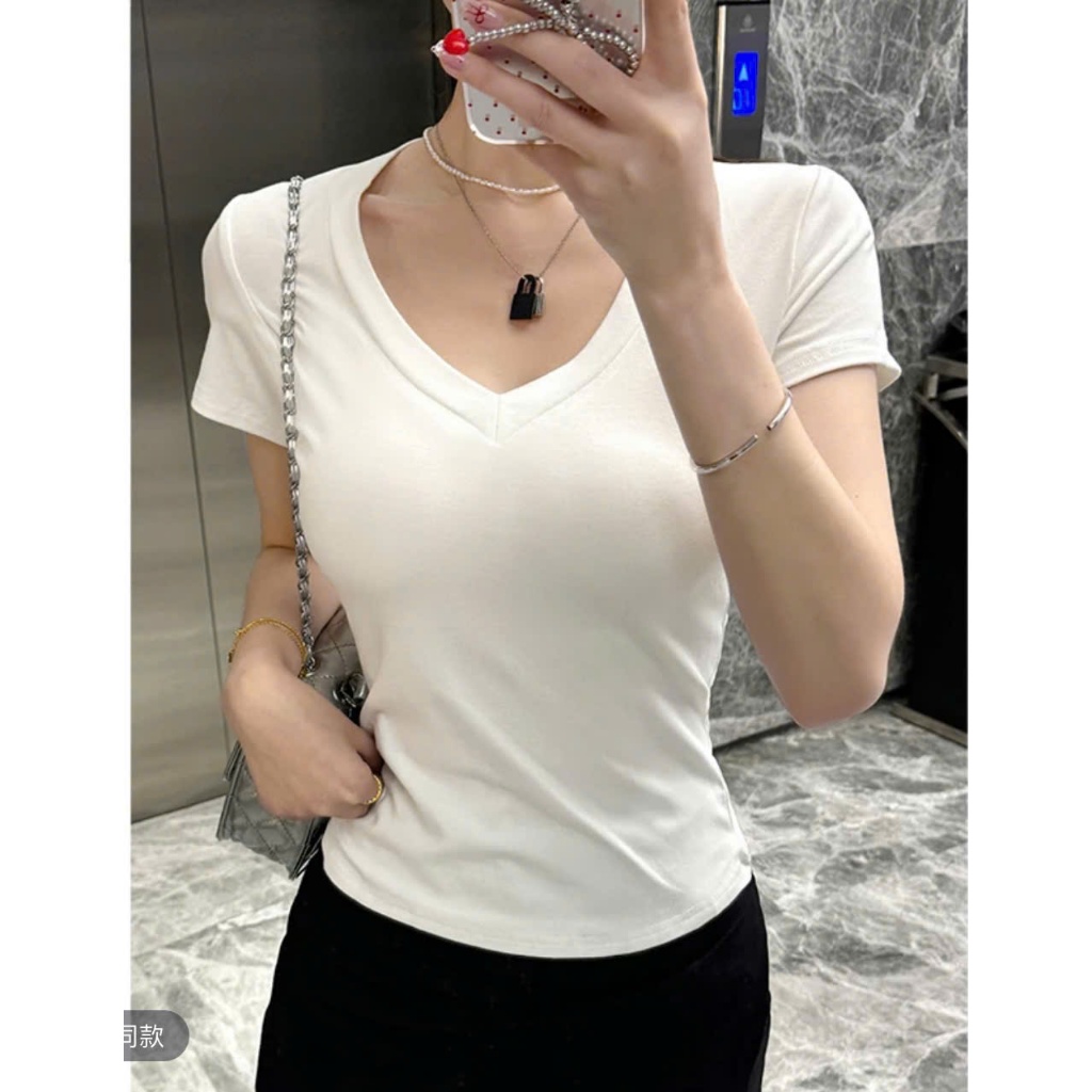 Ao thun cổ V cộc tay. Chất tun co dãn cao cấp. dáng ôm. cám kết chất đẹp (AN2) Nữ Top Áo Women