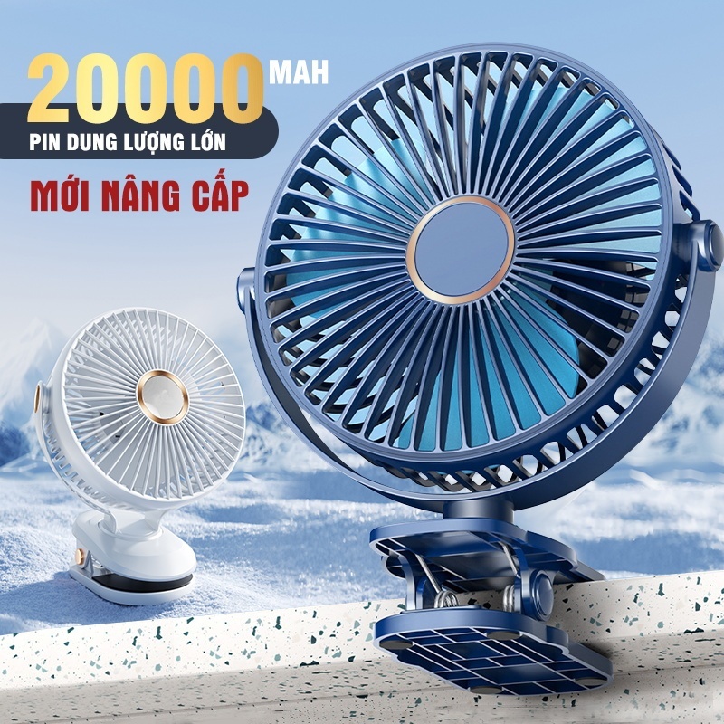 Quạt Điện Kẹp Mini Để Bàn 20000mAh Nâng Cấp Dung Lượng Pin Sạc, Quạt Kẹp Bàn Xoay 360 5 Chế Độ Gió 3 chế độ đèn