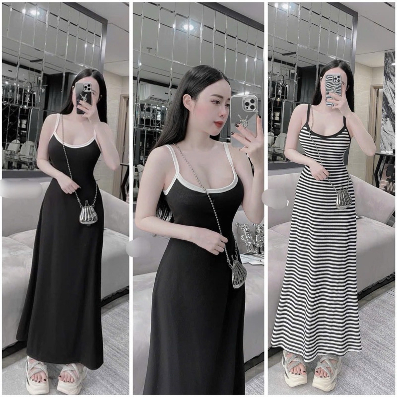 Váy Dây viền dáng dài xòe ( có gắn tăng đưa điều chỉnh) có size lớn Bầu Bí mặc thoải mái