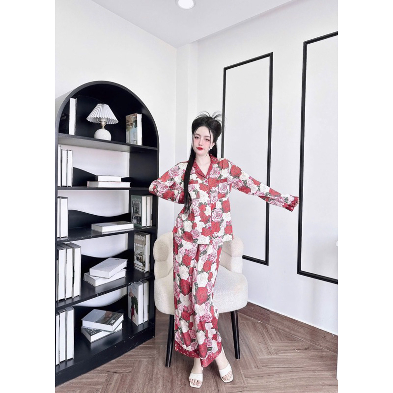 (45-65kg) Bộ pijama mặc nhà cho nữ lụa latin mềm mát tay dài quần dài