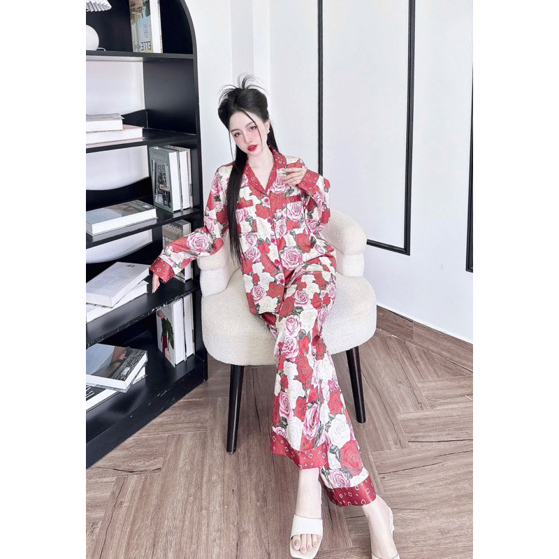 (45-65kg) Bộ pijama mặc nhà cho nữ lụa latin mềm mát tay dài quần dài