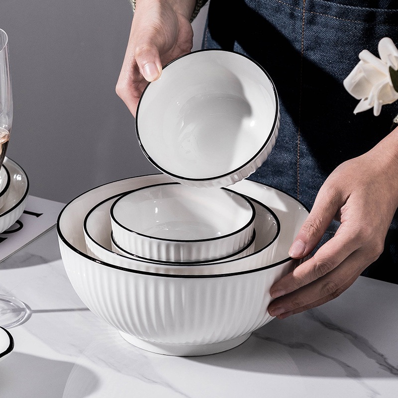 Bát Đĩa sứ ăn cơm trắng Viền Đen Vân Sọc sang trọng -  Gốm Sứ Cao Cấp