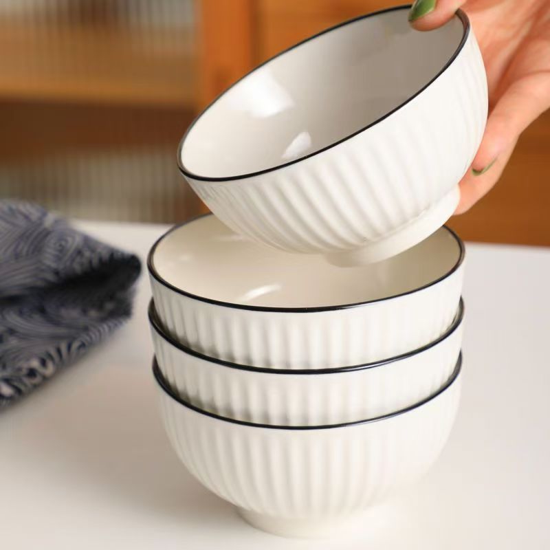 Bát Đĩa sứ ăn cơm trắng Viền Đen Vân Sọc sang trọng -  Gốm Sứ Cao Cấp