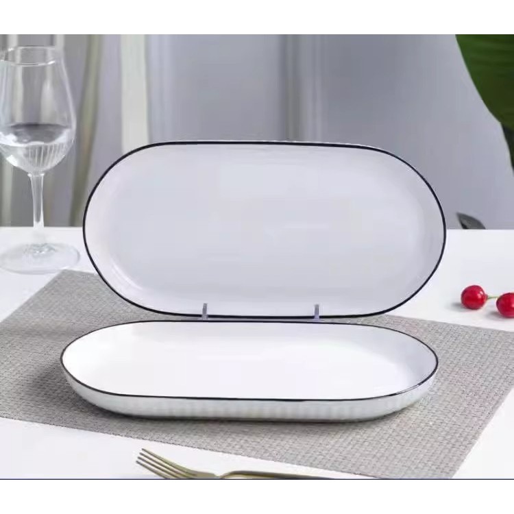 Bát Đĩa sứ ăn cơm trắng Viền Đen Vân Sọc sang trọng -  Gốm Sứ Cao Cấp