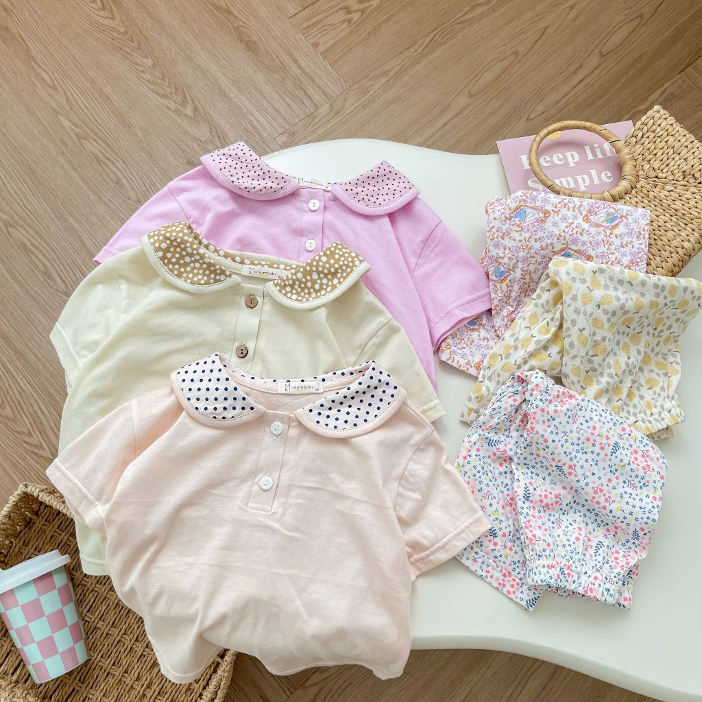 Set bộ cộc tay cổ sen bé gái Miniumbaby dáng quần lửng, thiết kế điệu đà, chất cotton mềm mát SB2151