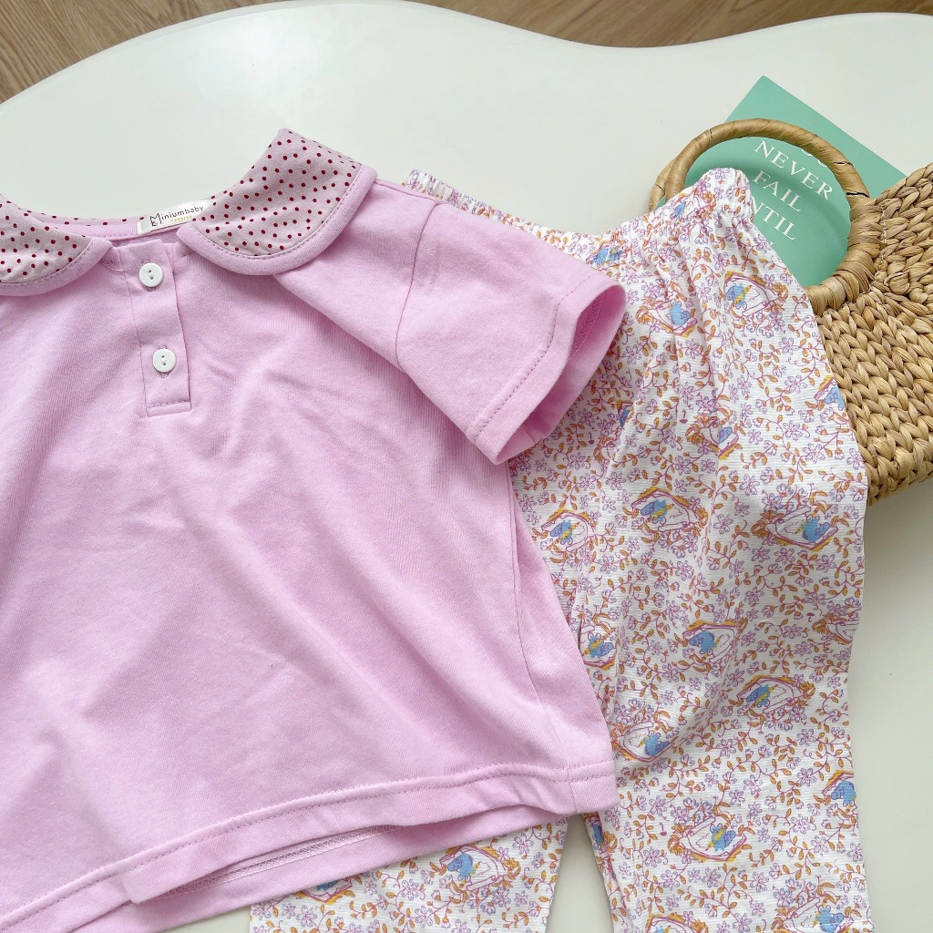 Set bộ cộc tay cổ sen bé gái Miniumbaby dáng quần lửng, thiết kế điệu đà, chất cotton mềm mát SB2151