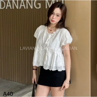 Áo babydoll cổ thắt nơ phối viền bèo tay bồng xinh xắn LAVIAN A40
