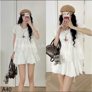 Áo babydoll cổ thắt nơ phối viền bèo tay bồng xinh xắn LAVIAN A40