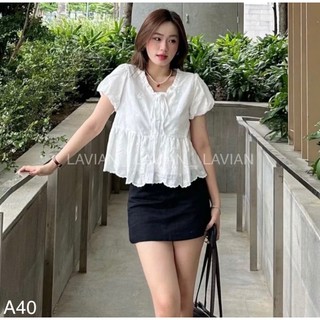Áo babydoll cổ thắt nơ phối viền bèo tay bồng xinh xắn LAVIAN A40