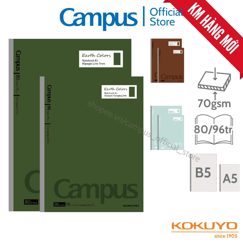 Vở (Tập) Gáy Keo Earth Colors Kẻ ngang 7mm/4 ly ngang 80/96 Trang Khổ B5/A5 Chính Hãng Campus