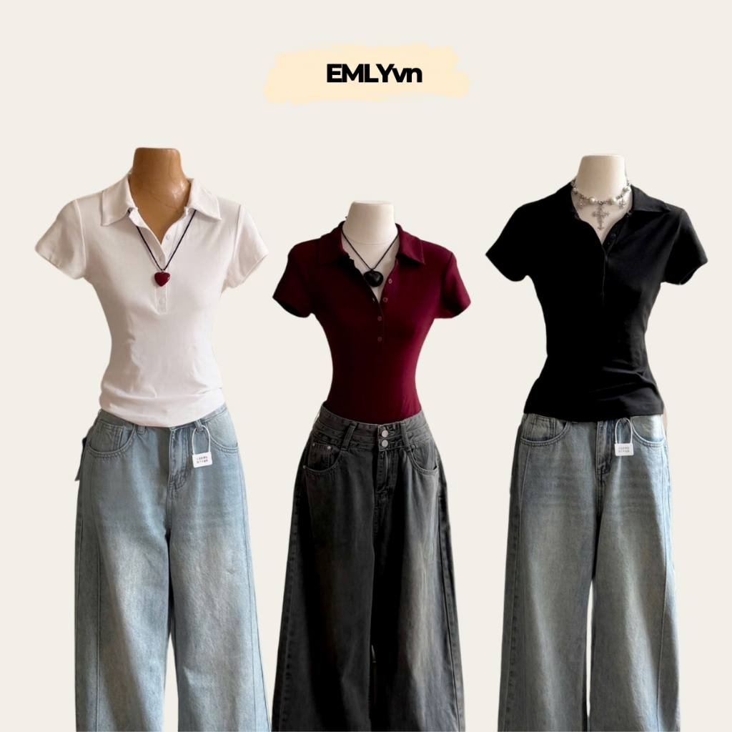 EMLY - Áo Thun Nữ Cộc Tay Cổ Đức Chất Áo Cotton Zip Ôm Body, Áo Polo Cộc Tay Nữ Dáng Ôm Cao Cấp