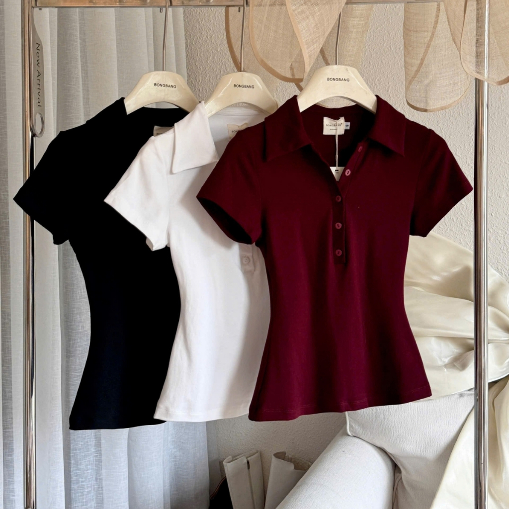 EMLY - Áo Thun Nữ Cộc Tay Cổ Đức Chất Áo Cotton Zip Ôm Body, Áo Polo Cộc Tay Nữ Dáng Ôm Cao Cấp