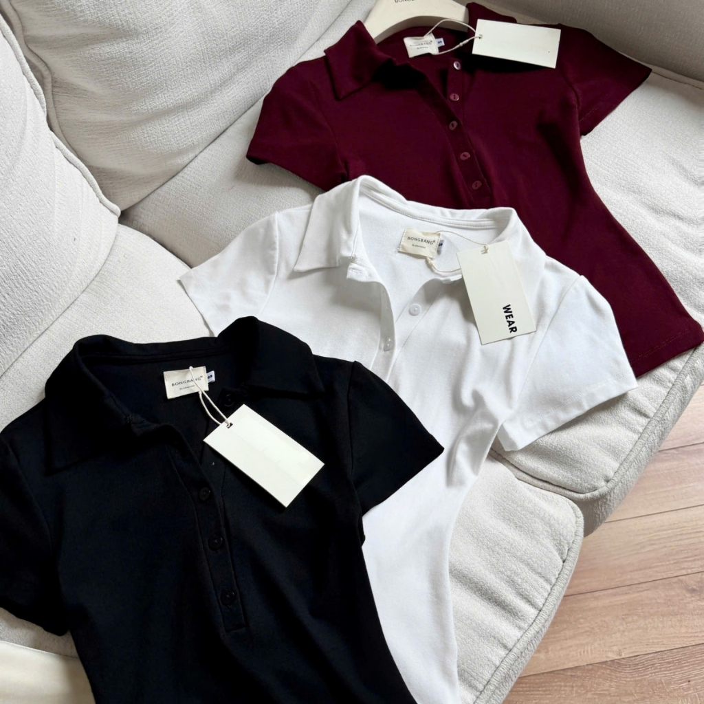 EMLY - Áo Thun Nữ Cộc Tay Cổ Đức Chất Áo Cotton Zip Ôm Body, Áo Polo Cộc Tay Nữ Dáng Ôm Cao Cấp