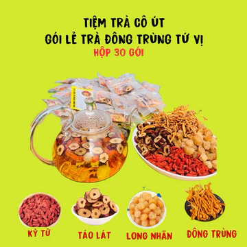 HỘP 30 GÓI- Trà đông trùng tứ vị thảo mộc-tiệm trà cô út chè dưỡng nhan - Nước Trà Tea tratang tet táo đỏ kỷ tử