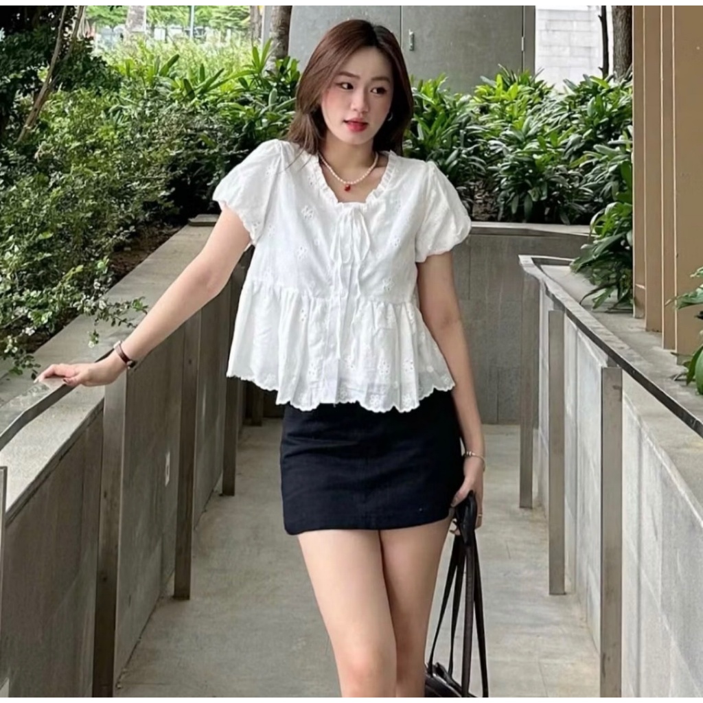Áo babydoll cổ thắt nơ phối viền bèo tay bồng xinh xắn MUZA  A40