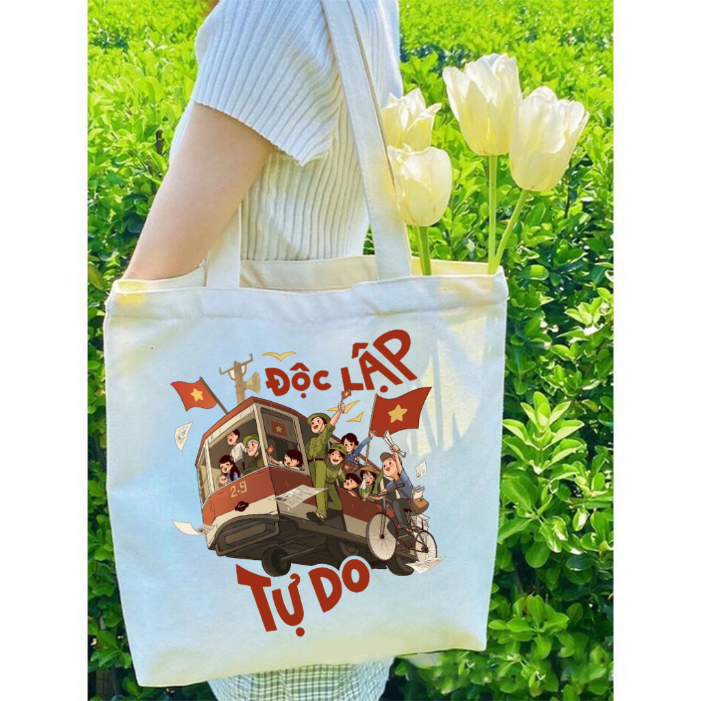 Túi tote ĐỘC LẬP TỰ DO ẤM NO HẠNH PHÚC - túi vải canvas đeo vai 35*40 cm đi học đi chơi du lịch đựng vừa laptop 14inch